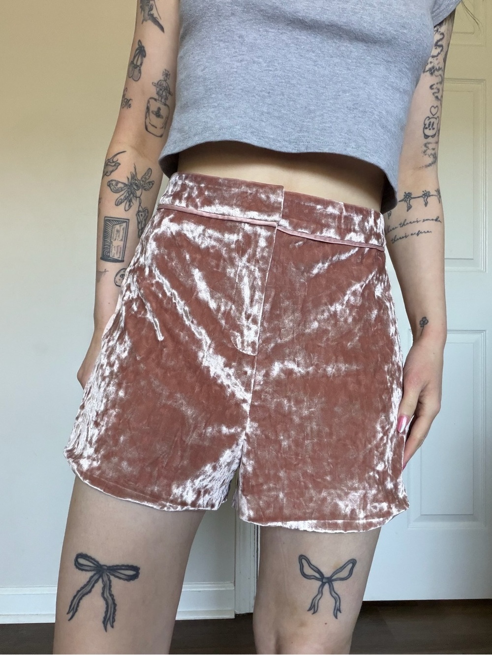Alexis Crushed Velvet High-Rise Shorts in Mauve Pink